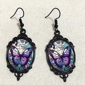 Black PURPLE BUTTERFLY Dangle Earrings